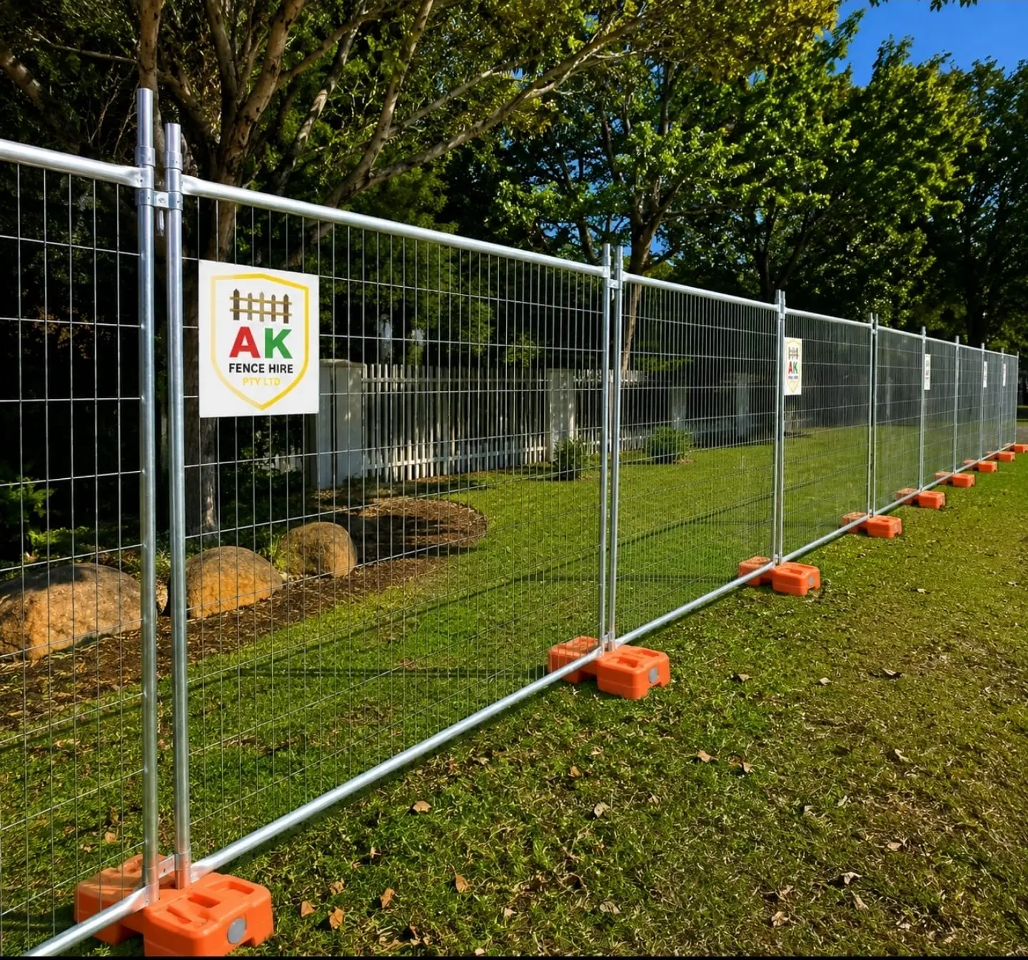 Temporary fencing panels with orange safety feet on an Australian construction site